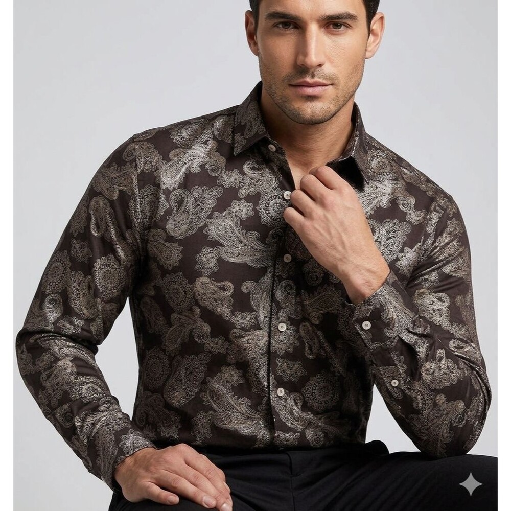 Mens XXL Paisley Button Up Shirt Black Silver Long Sleeve Retro Vintage Inspired